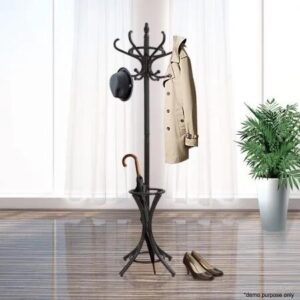 Coat Stand with 12 Hooks – Tree Style with Base Ring for Umbrellas – Walnut