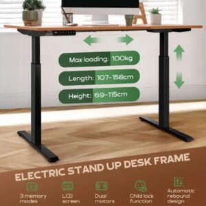 Stand Up Desk Frame Electric Sit and Standup Table Base Legs Heavy Duty Adjustable Rising Standing Underframe Carbon Steel Dual Motor Black