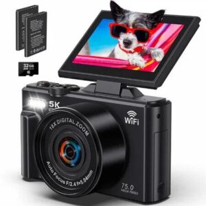 5K Digital Camera Vlogging 75MP WiFi Autofocus UHD Video 18X Zoom Compact Travel Photography YouTube 32GB SD Card 2 Batteries